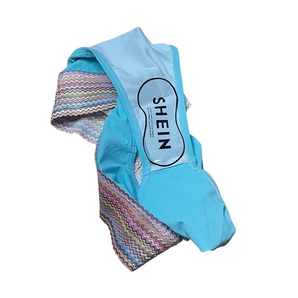 NWOT.Sky Blue Striped Patchwork Spaghetti Strap High Waist Bikini Swimsuit Size - Picture 11 of 11